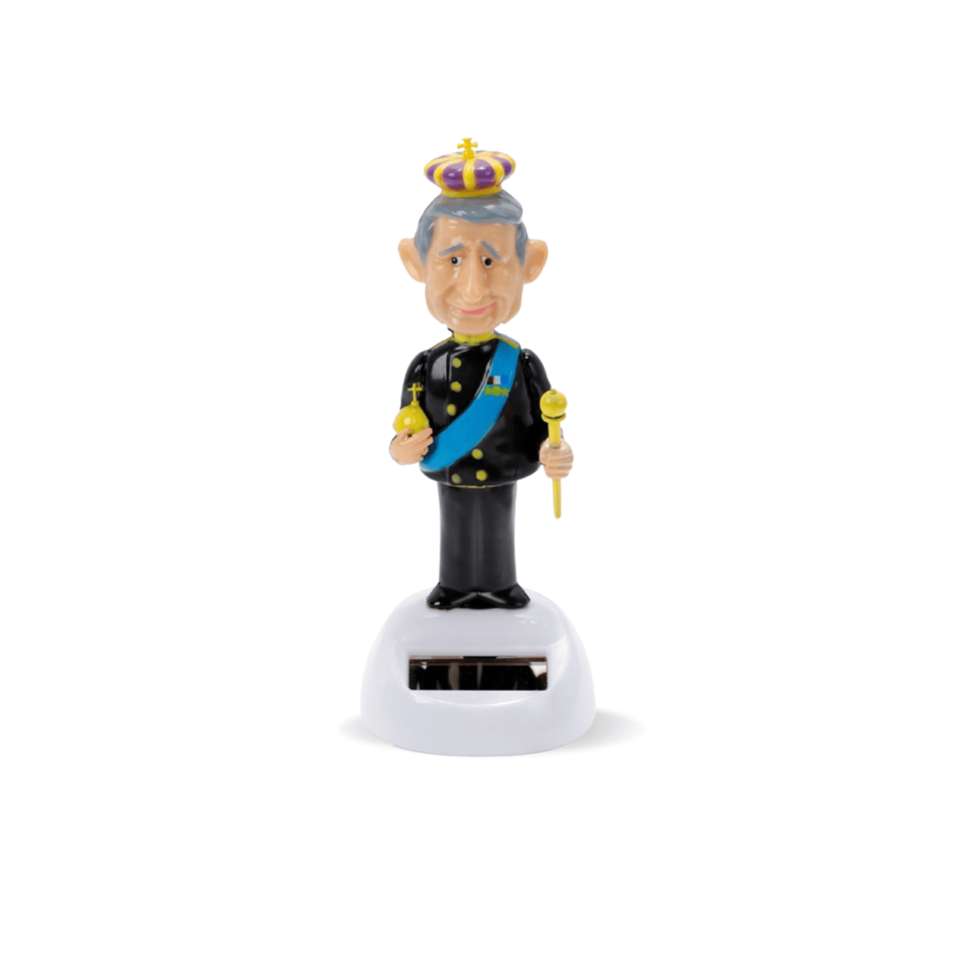 Dancing King Charles solar powered bobblehead. The perfect novel gift to enjoy a laugh every time you encounter His Majesty The King.
