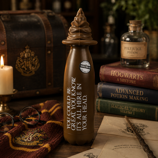 Brown bottle with text in a magical-themed setting with books and a candle.