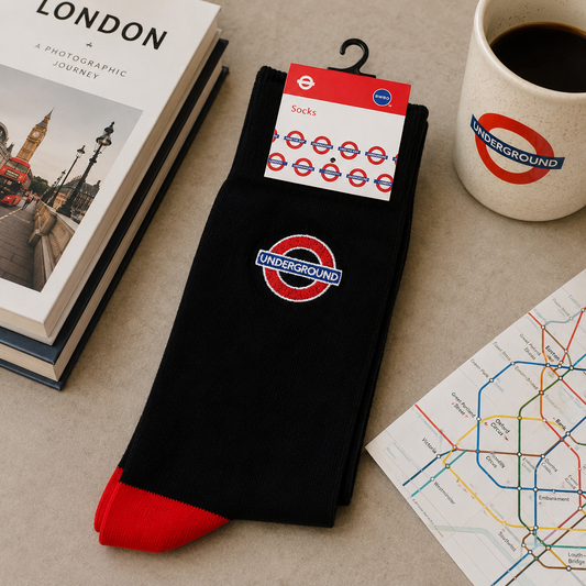 Official London Underground Embroidered Socks – Black & Red Unisex Tube Socks