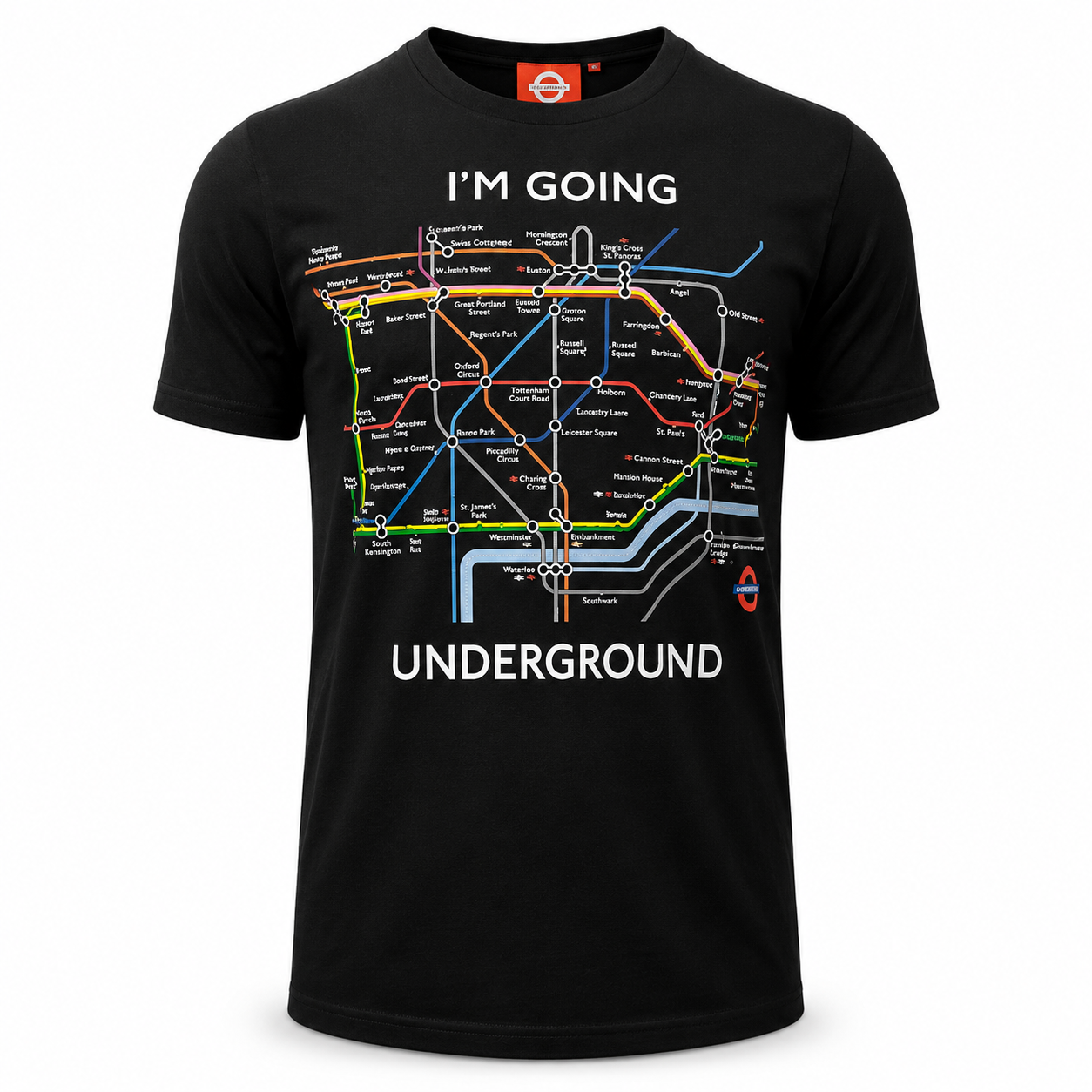 Black t-shirt with a colorful underground map design and text on a white background
