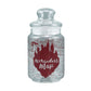 Clear 750ml glass candy jar with burgundy Marauder’s Map artwork and a glass lid.