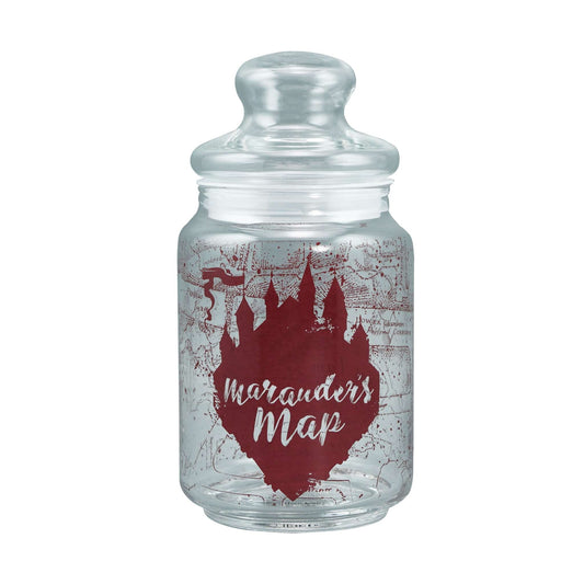 Clear 750ml glass candy jar with burgundy Marauder’s Map artwork and a glass lid.