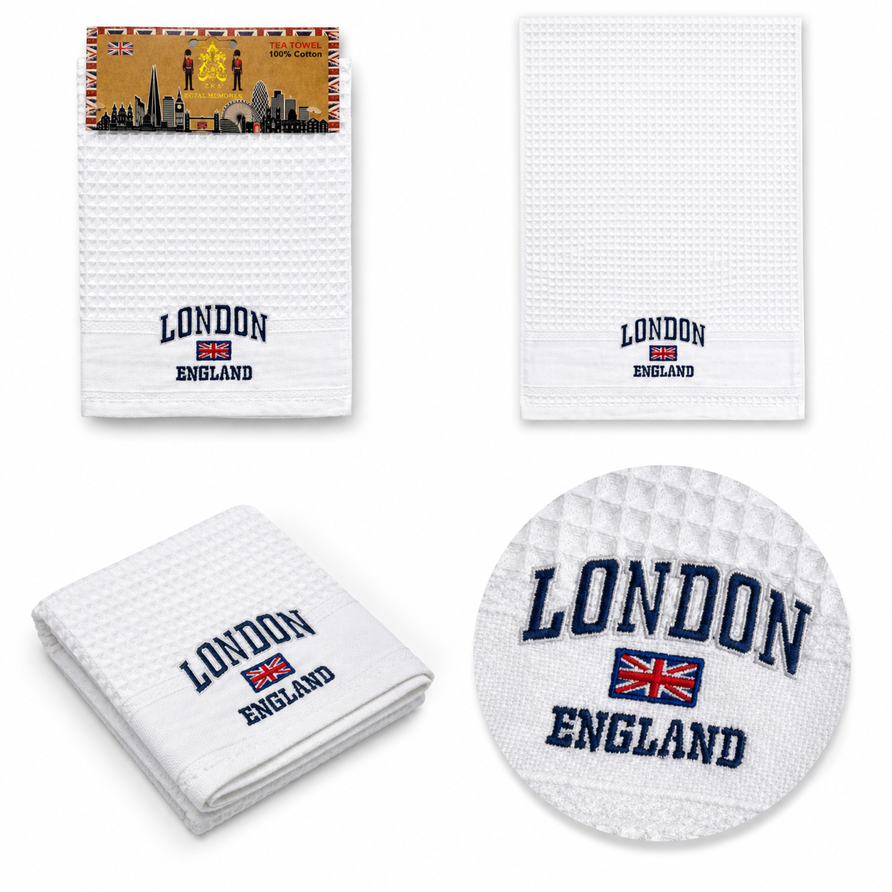White towels and golf ball with 'London, England' text and Union Jack design on a white background