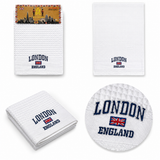 White towels and golf ball with 'London, England' text and Union Jack design on a white background