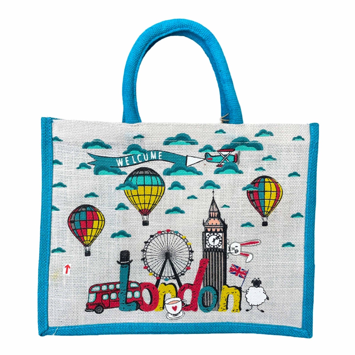 London Fun Hot Air Balloon Jute Bag - Blue & Silver - British Souvenirs