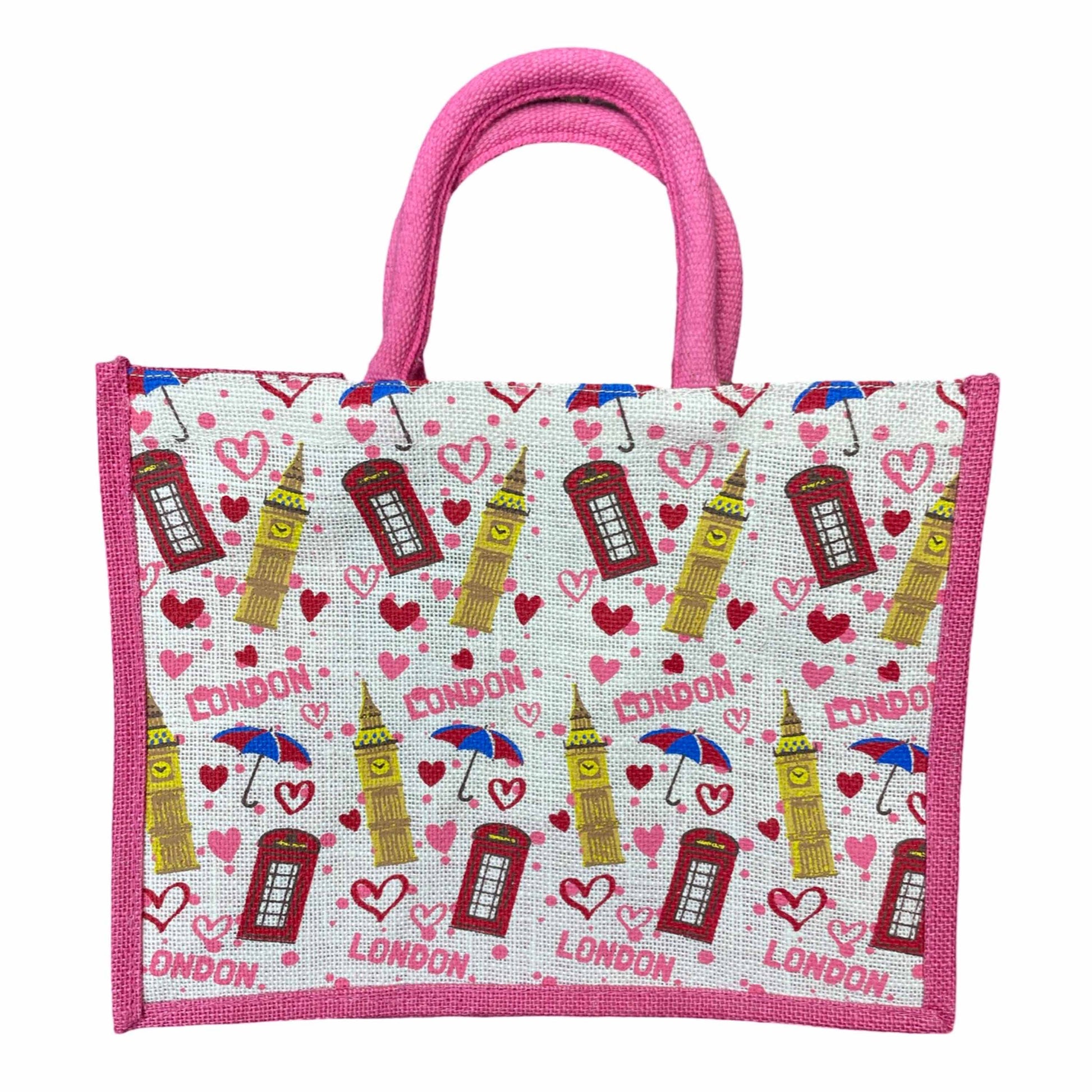 London Hearts Icons Jute Bag - Pink & White - British Souvenirs