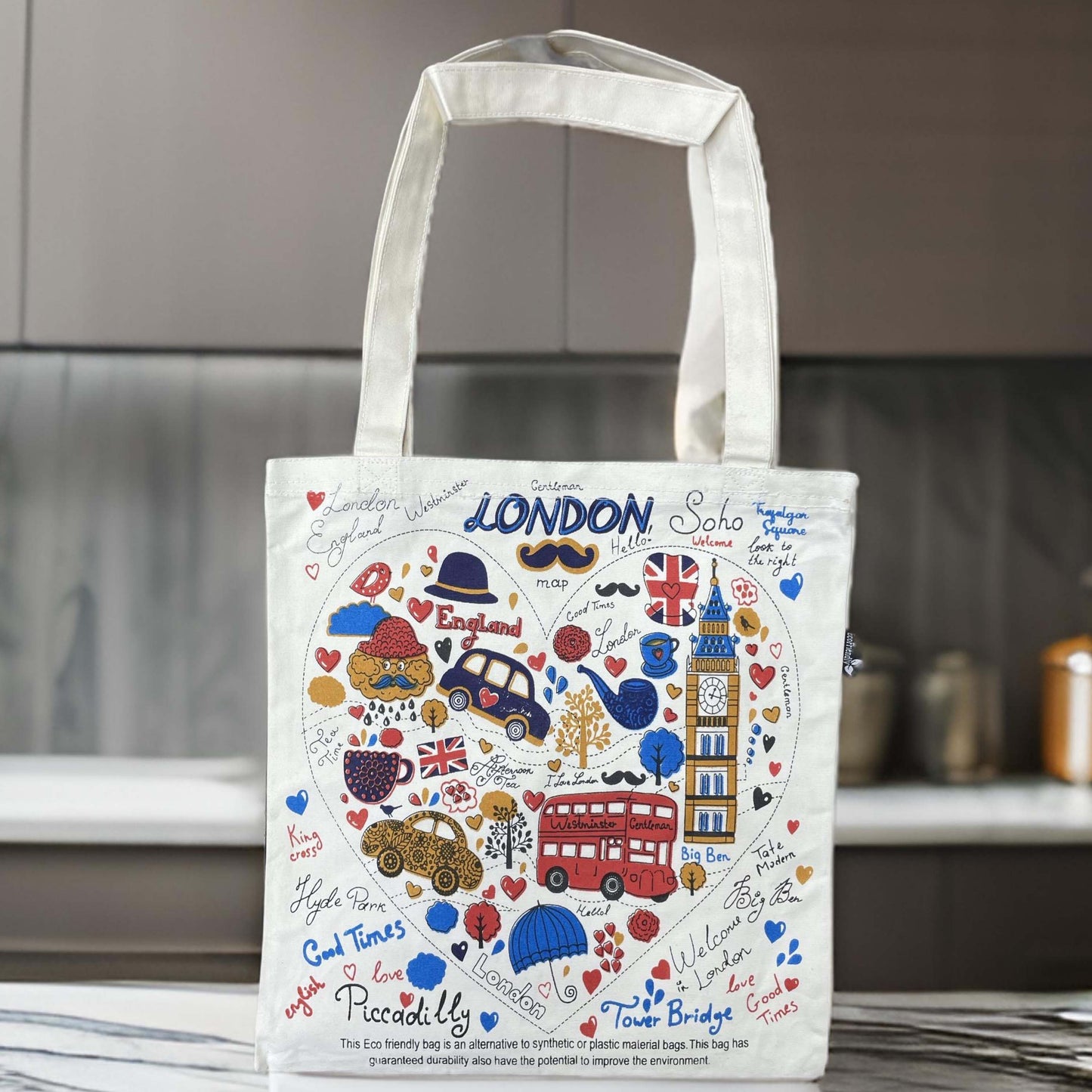 London Icons & Landmarks Heart Tote Bag - London Souvenir Tote Bag