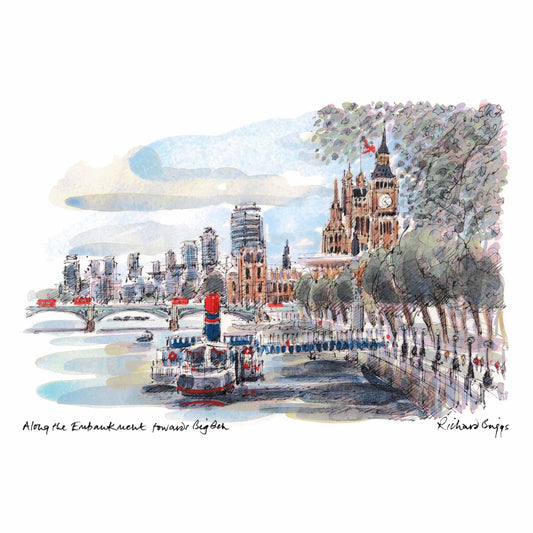 London Life Postcard A6 - Along the Embankment towards Big Ben - British Souvenirs