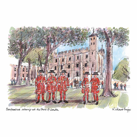 London Life Postcard A6 - Beefeaters relaxing at the Tower of London - British Souvenirs