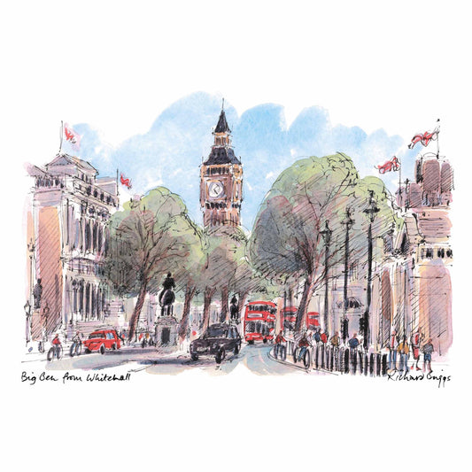 London Life Postcard A6 - Big Ben from Whitehall - British Souvenirs