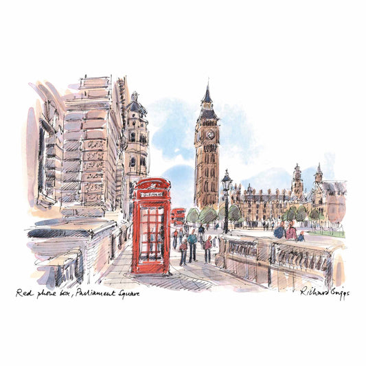 London Life Postcard A6 - Red Phone Box, Parliament Square - British Souvenirs