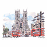 London Life Postcard A6 - Red buses past Westminster Abbey - London Souvenirs