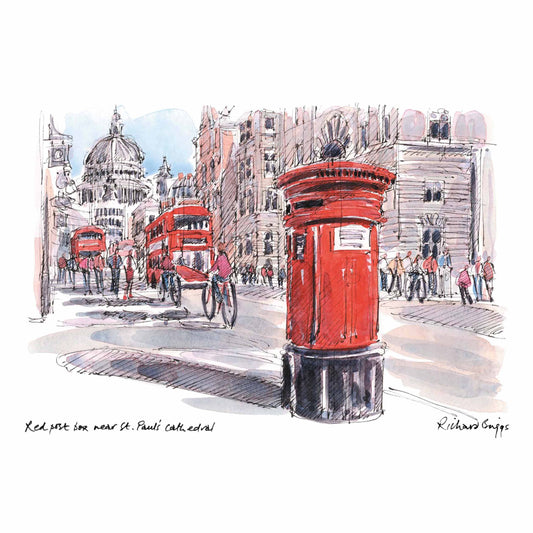 London Life Postcard A6 - Red post box near St. Paul's Cathedral - British Souvenirs