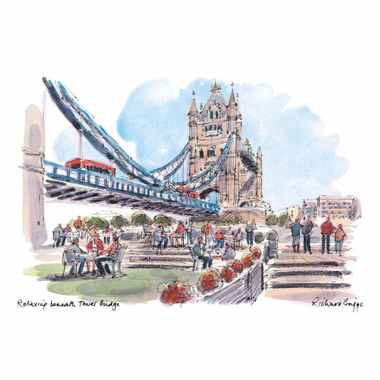 London Life Postcard A6 - Relaxing beneath Tower Bridge - British Souvenirs