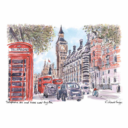 London Life Postcard A6 - Telephone Box and buses near Big Ben - British Souvenirs