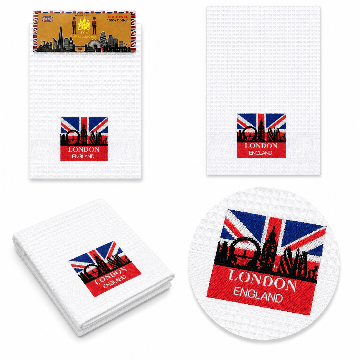 White cotton waffle tea towel with embroidered London skyline and Union Jack design on a white background.