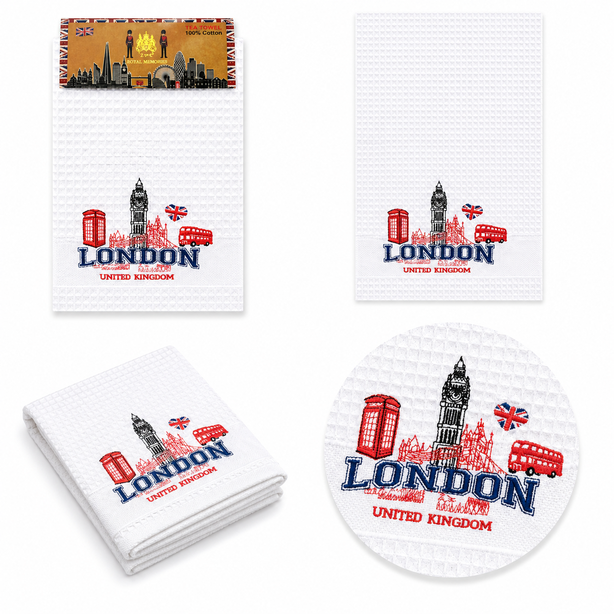 White cotton waffle tea towel with embroidered London landmarks including Big Ben, red bus, and Union Jack, on a white background.