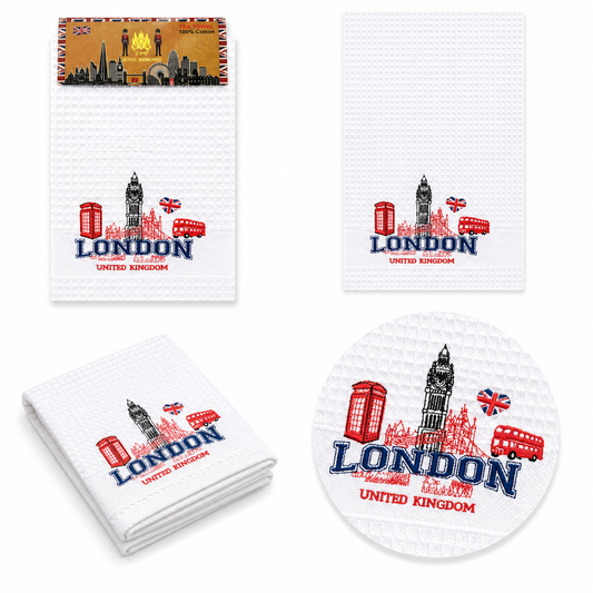 White cotton waffle tea towel with embroidered London landmarks including Big Ben, red bus, and Union Jack, on a white background.