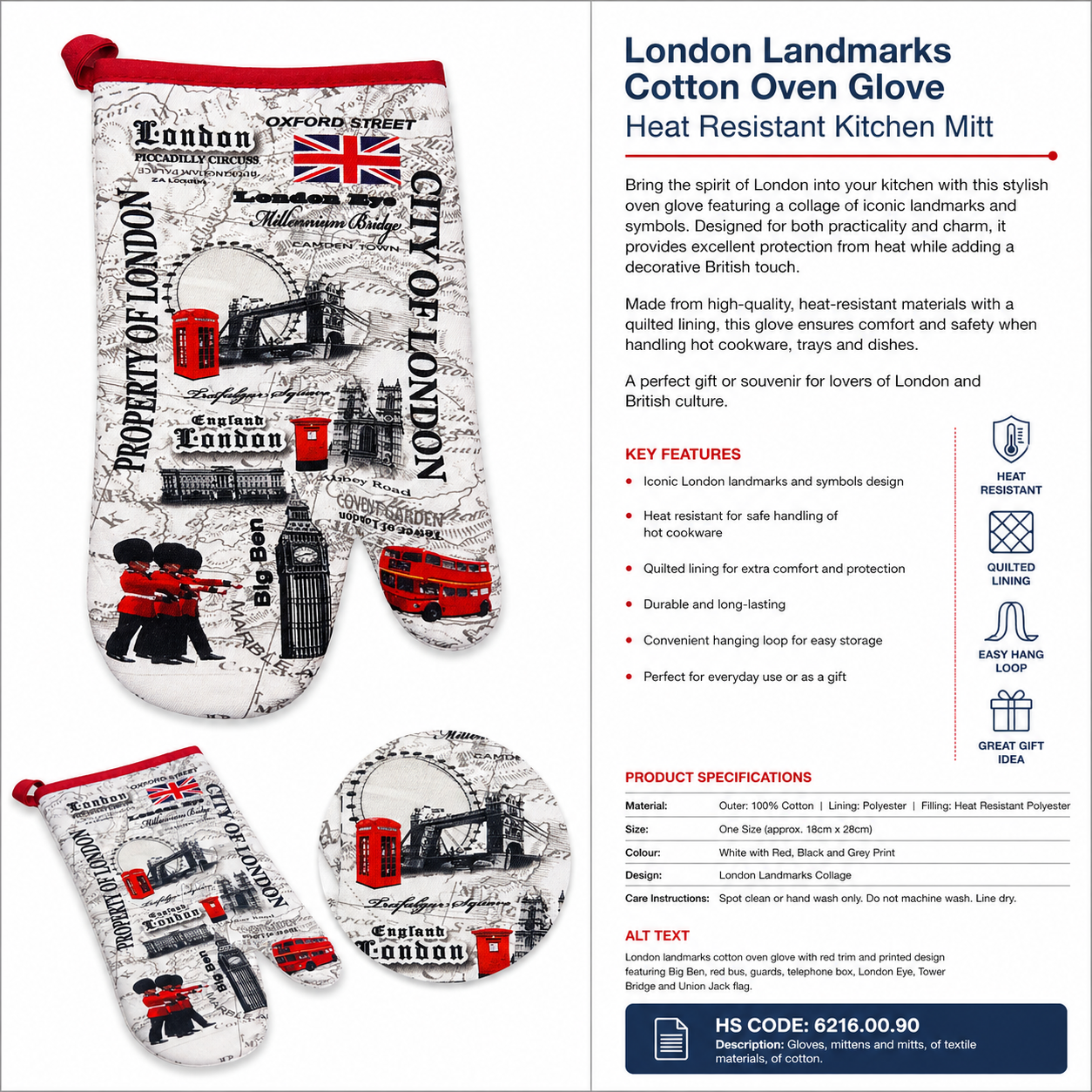 London landmarks cotton glove with red trim and london landmarks printed design. Big Ben, London Red Bus, Tower Bridge, Royal Guards, London Eye, Union Jack, Telephone Box, Post Box, Westminster Abbey