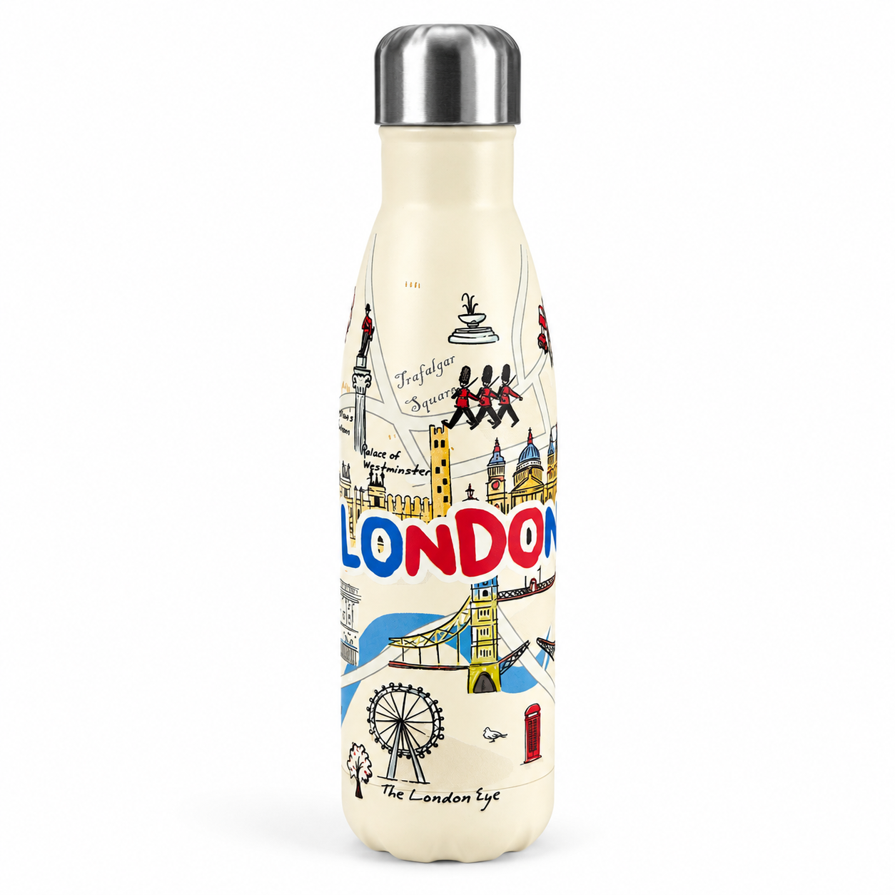 Water bottle with London-themed design on a white background