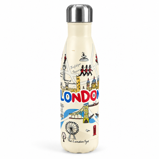 Water bottle with London-themed design on a white background