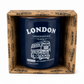 Navy blue mug with 'London' and bus design in a decorative box