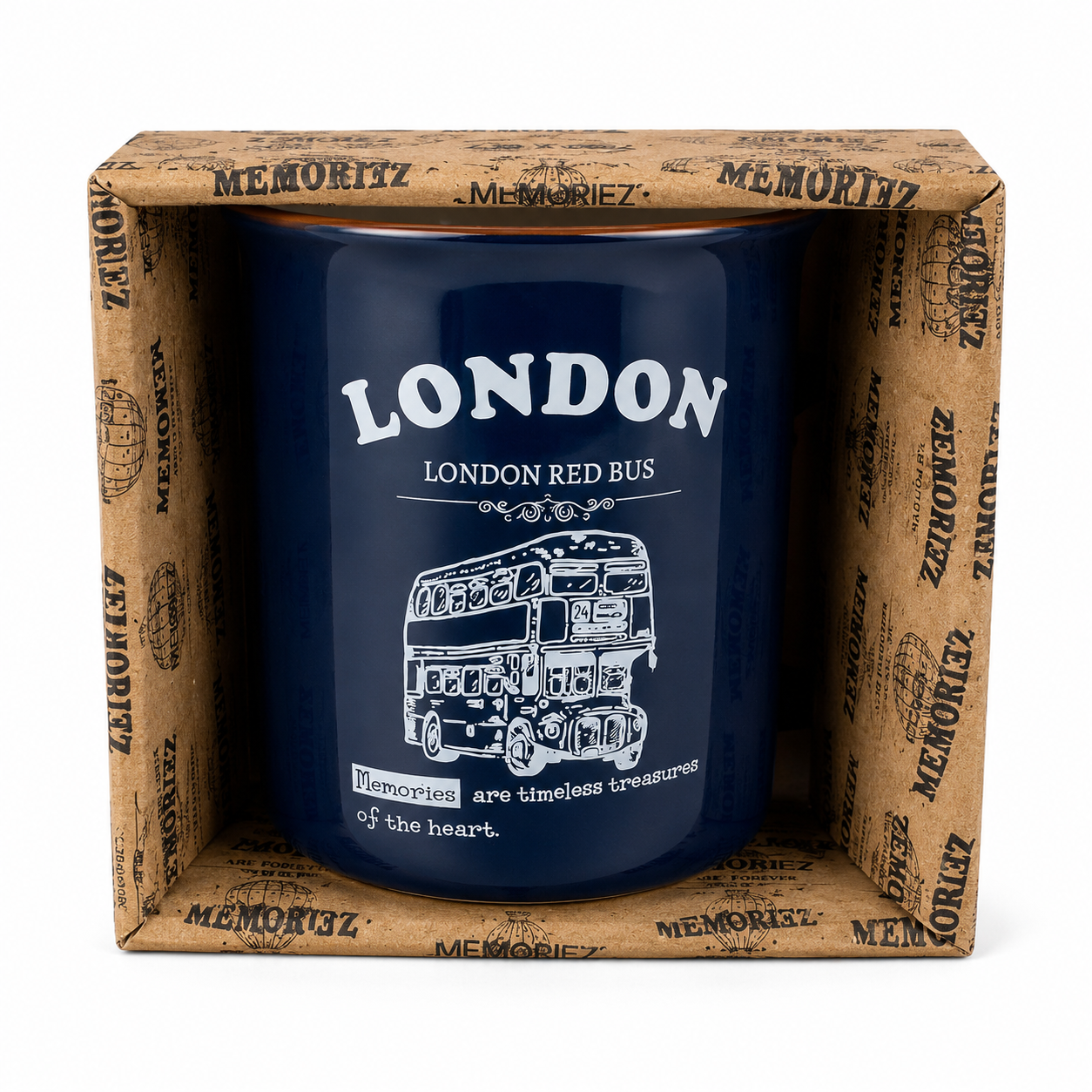 Navy blue mug with 'London' and bus design in a decorative box