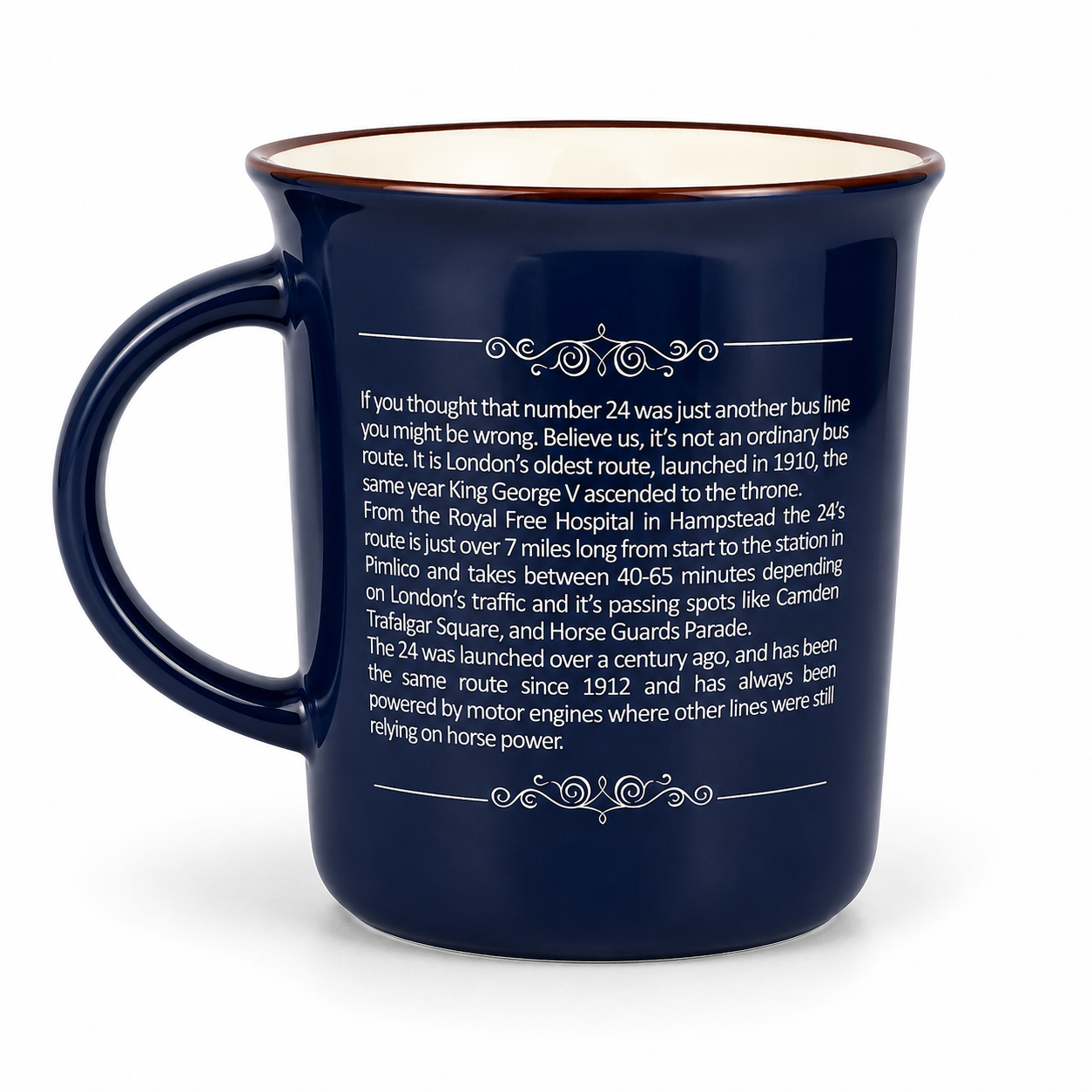 Navy blue mug with white text on a white background