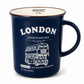 Navy blue mug with white text and a double-decker bus design, featuring the brand 'Memoriez'.