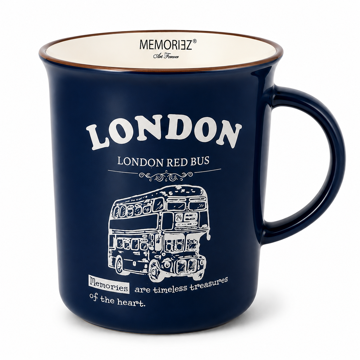 Navy blue mug with white text and a double-decker bus design, featuring the brand 'Memoriez'.