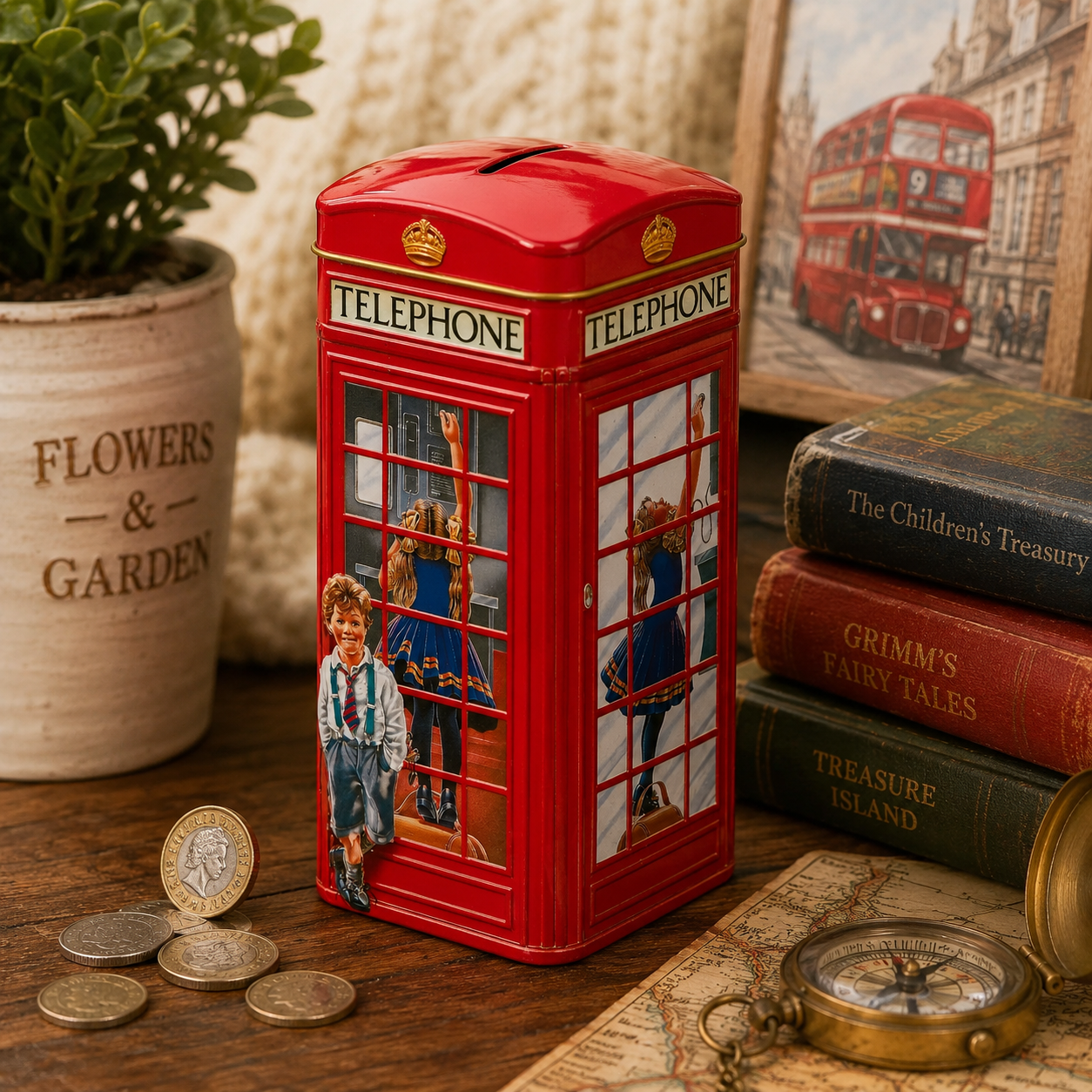 Red telephone box-shaped money box with children illustration on a wooden surface with coins and books.