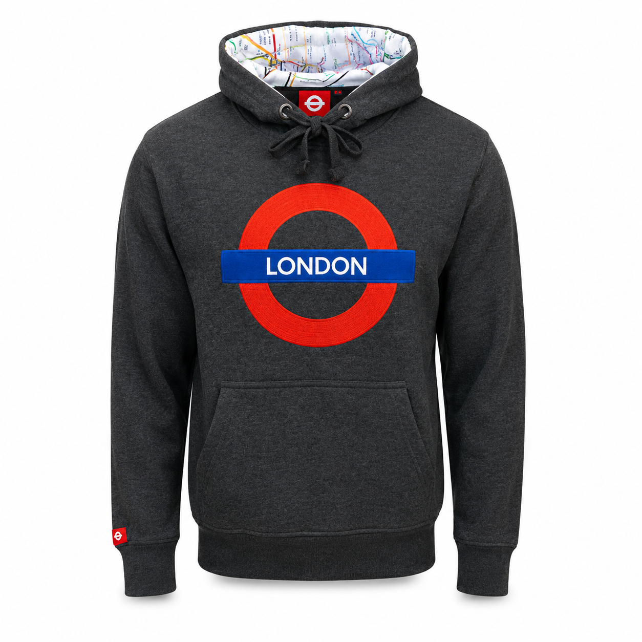 Dark gray hoodie with London Underground logo on a white background