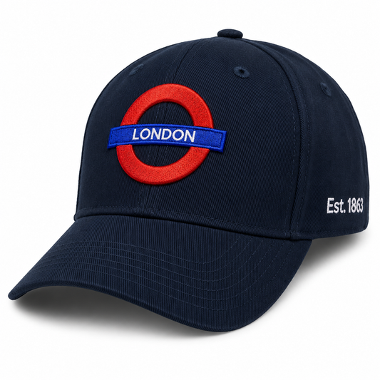Navy blue cap with red and blue emblem and 'London' text on a white background