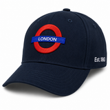 Navy blue cap with red and blue emblem and 'London' text on a white background