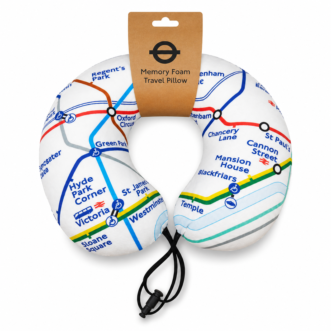 Memory foam travel pillow with London tube map design on a white background