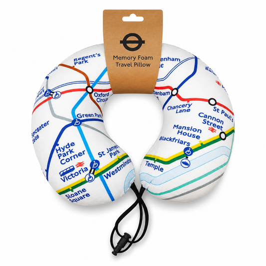 Memory foam travel pillow with London tube map design on a white background