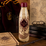 Water bottle with 'Marauder's Map' design in a Harry Potter theme, surrounded by books and glasses.