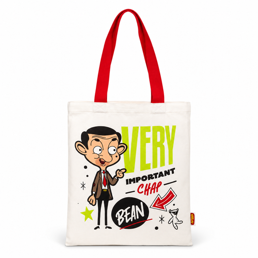A white canvas tote bag with red shoulder straps, featuring a cartoon illustration of Mr. Bean and the text 'VERY IMPORTANT CHAR BEAN' in bright green, black, and red on a clean white background.