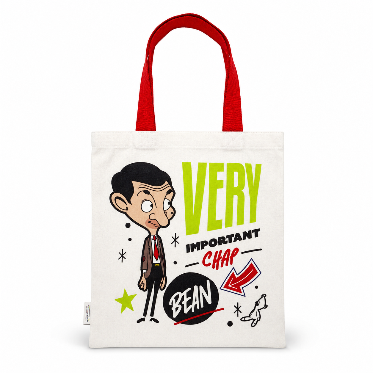 A white canvas tote bag with red handles, featuring a cartoon illustration of Mr. Bean and the text 'VERY IMPORTANT CHAP' in bright green, black, and red.