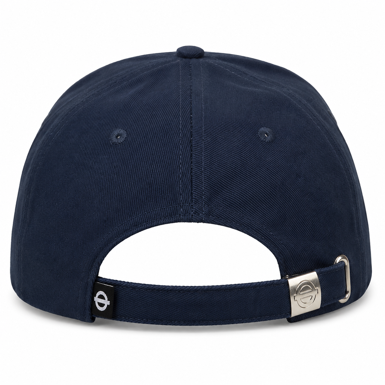 Navy blue cap with a brand logo on the back on a white background