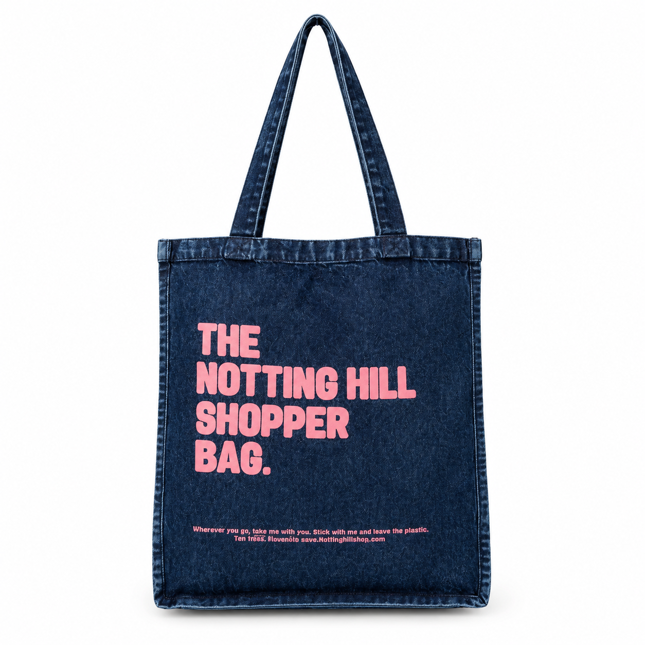 Blue tote bag with pink text on a white background