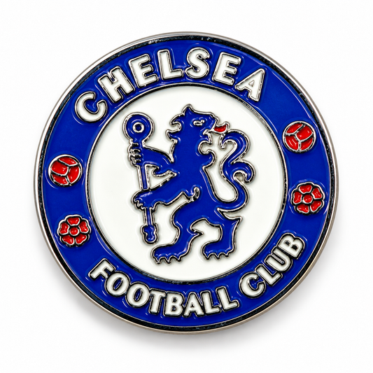 A round Chelsea Football Club crest pin with a blue lion rampant in the center, surrounded by a white ring with the words 'CHELSEA FOOTBALL CLUB' and red soccer balls in the corners, on a white background.