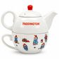 Official Paddington Bear Tea-for-One ceramic teapot and cup set featuring classic Paddington illustrations on a clean white background.