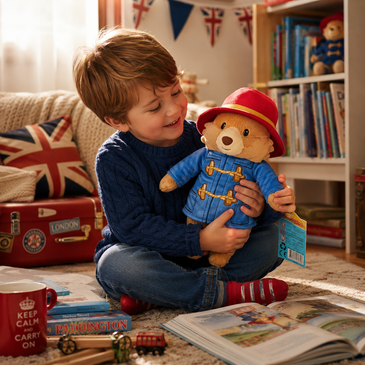Official Paddington Bear plush toy in a cosy British-themed children's playroom, held by a smiling child during story time.