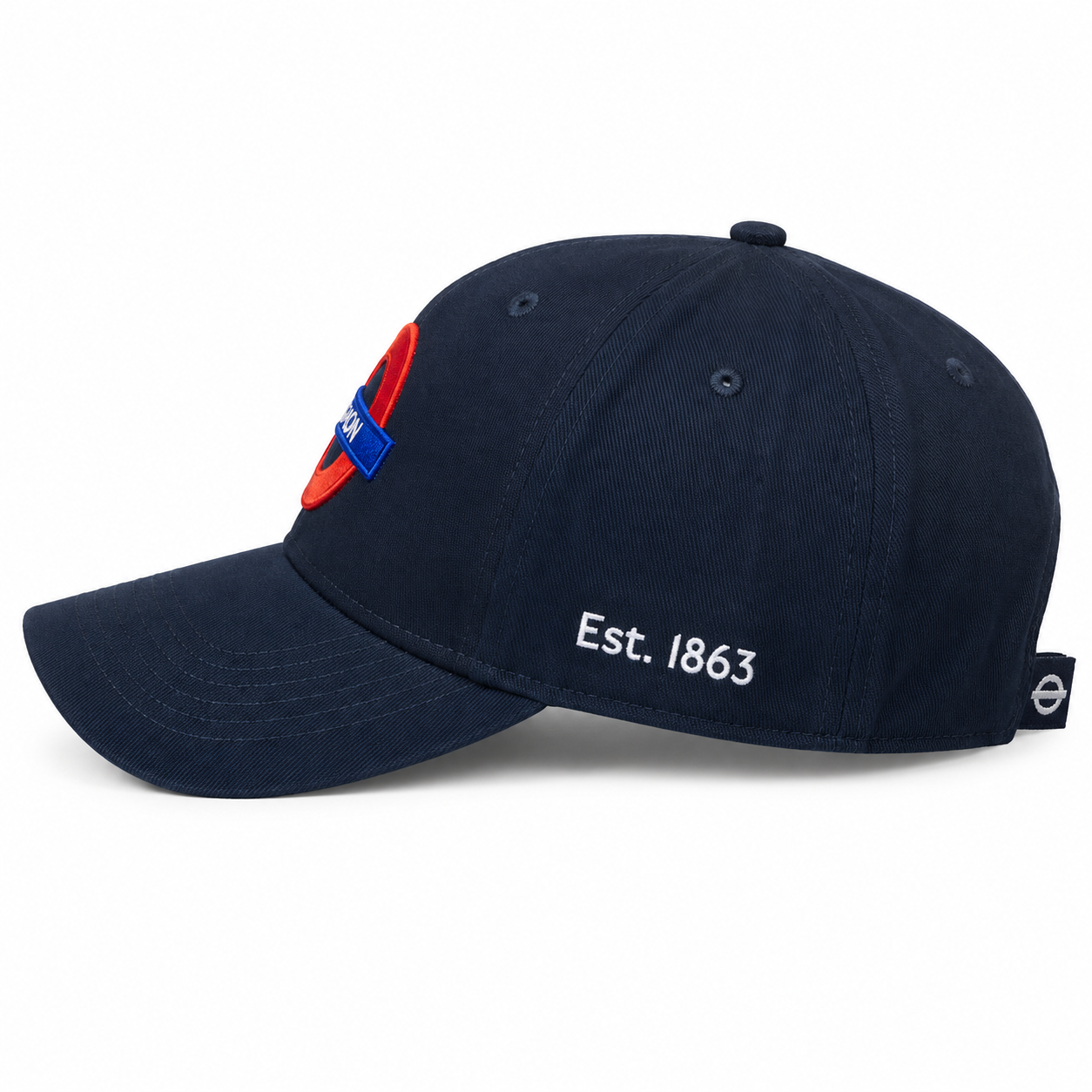 Navy blue cap with a logo and 'Est. 1863' text on a white background