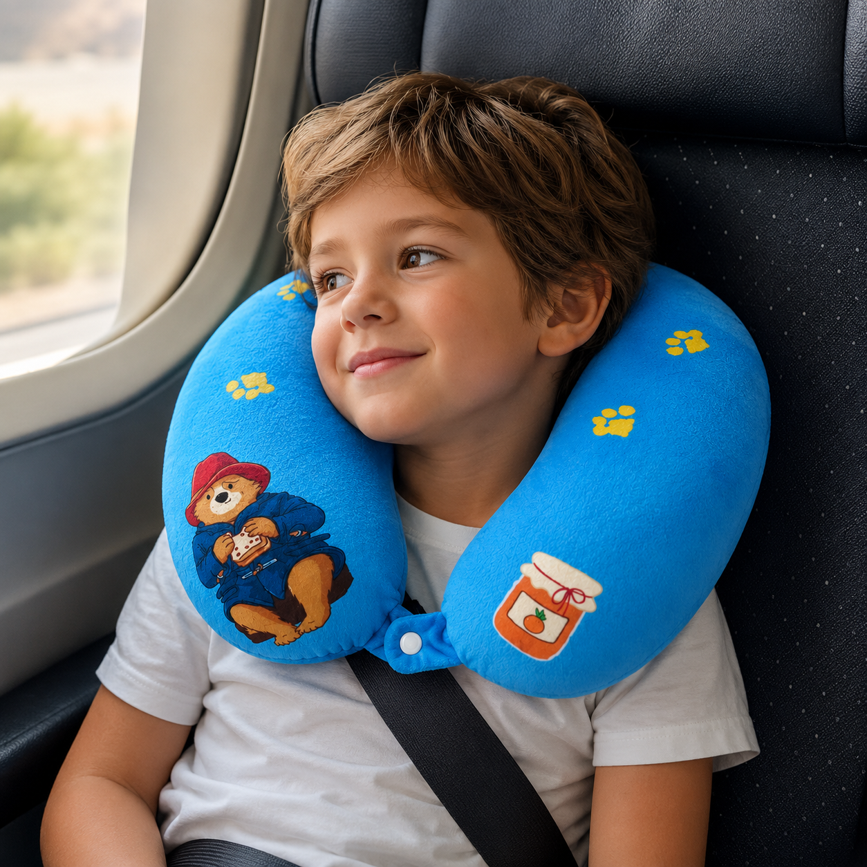 Child using a blue travel neck pillow with cartoon characters in a car.