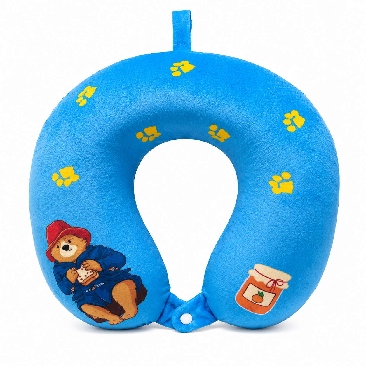 Blue children's travel neck pillow with Paddington Bear design on a white background