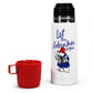 White thermos with 'Let the Adventure Begin' text and character, next to a red mug on a white background