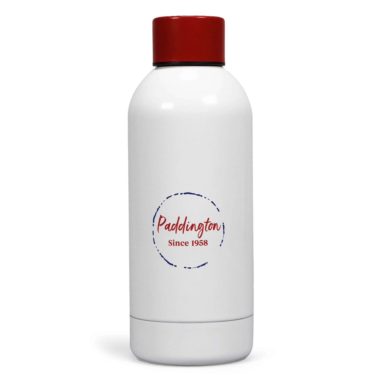 White bottle with red cap and 'Paddington Since 1958' label on a white background