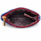 Open cosmetic bag with red and blue beaded edge on a white background